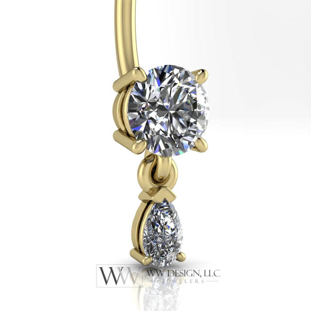 Moissanite Genuine 6mm Belly Navel Ring with 5x3mm Dangle Curved Barbell 14k Yellow Gold, 14k White Gold or Platinum 14 ga 16 ga Gift