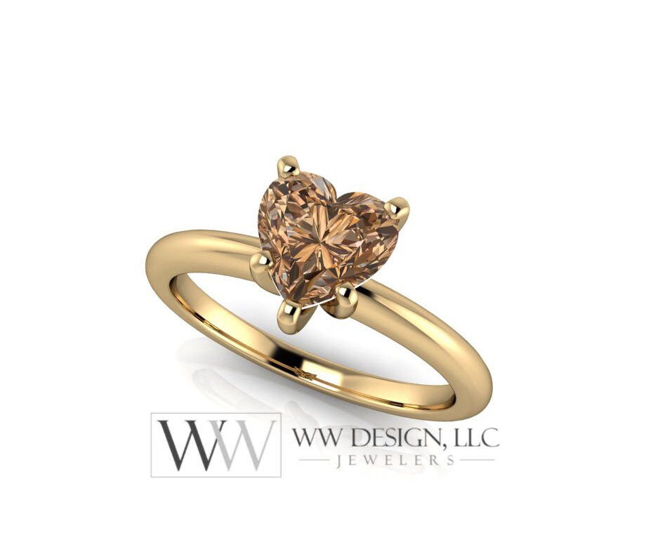 Cognac Heart Genuine Solitaire Diamond Engagement Ring SI1 Chocolate Brown 1ct - 18k 14k Gold (Y, W, R) Platinum