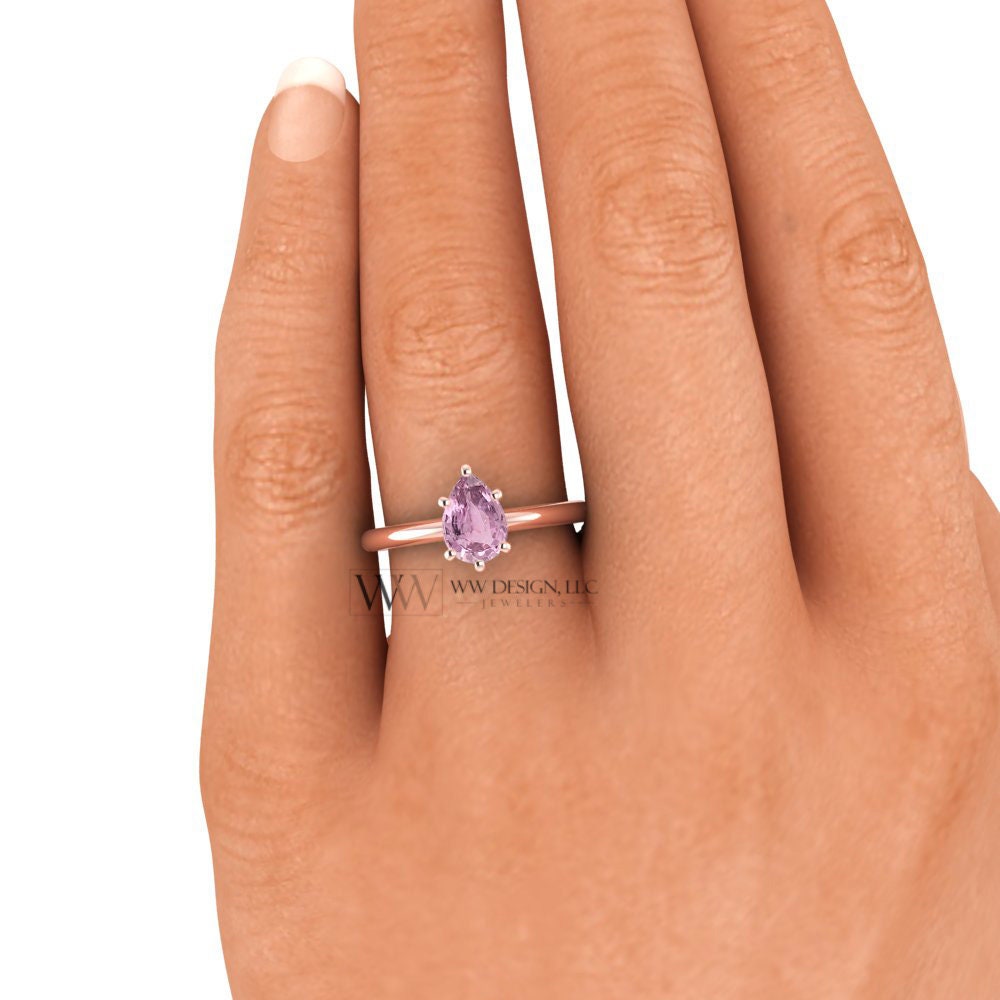 Pink Sapphire Genuine Pear Ring 0.85Ct - 14K 18K Gold (Y R W) & Platinum Rings