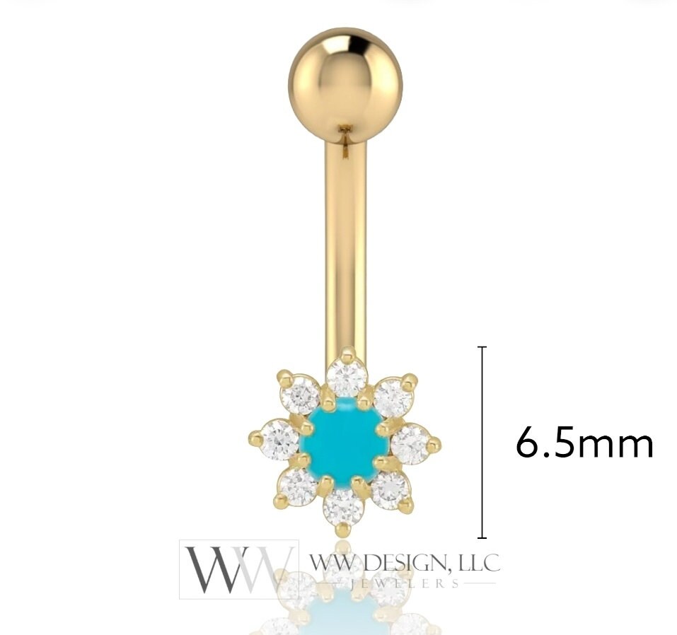 Diamond & Turquoise Flower Belly Ring CURVED Barbell Genuine 0.07ctw Navel Ring Barbell 14k White SOLID Gold 14ga 16ga 18ga Eyebrow jewelry