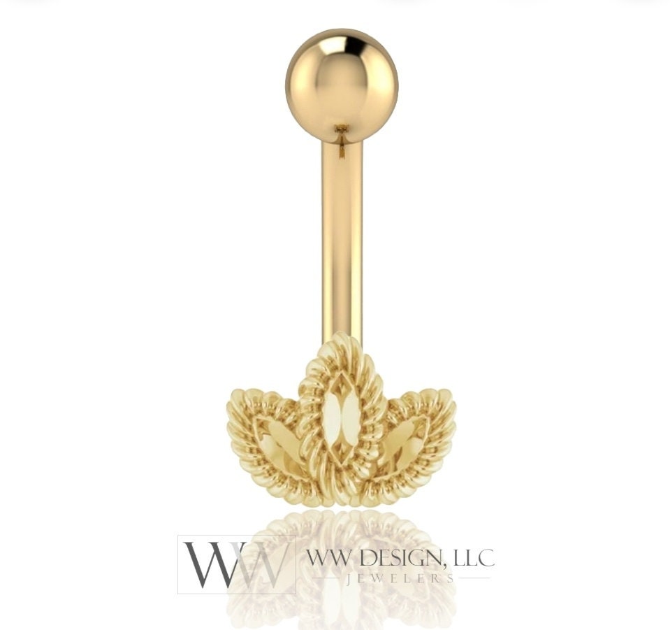 14k Gold Decorative Leaf Belly Navel Ring CURVED Barbell Genuine 14k Gold (Yellow, White, or Rose) 14g, 16g, 18g Body Jewelry Eyebrow