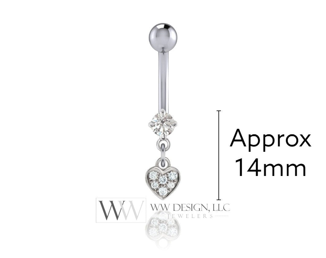 Diamond Heart Belly Ring Barbell Genuine 0.16ctw Dangle Navel Ring Curved Barbell 14k Yellow White Rose Gold 14ga 16ga 18ga Eyebrow jewerly