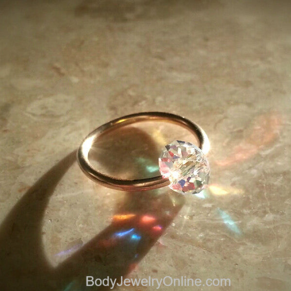 Captive Bead Ring w/ Swarovski Crystal - 14 ga Hoop - 14k Gold (Y, W, or R), Sterling Silver, or Platinum