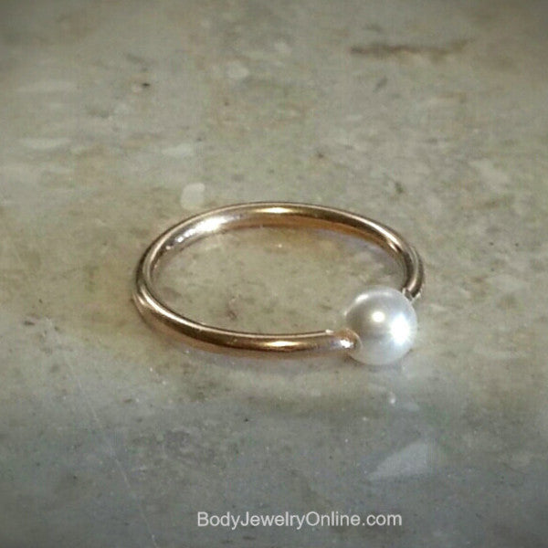 Freshwater Pearl Captive Bead Ring - 16 ga Hoop - 14k Gold (Y, W, or R), Sterling Silver, or Platinum