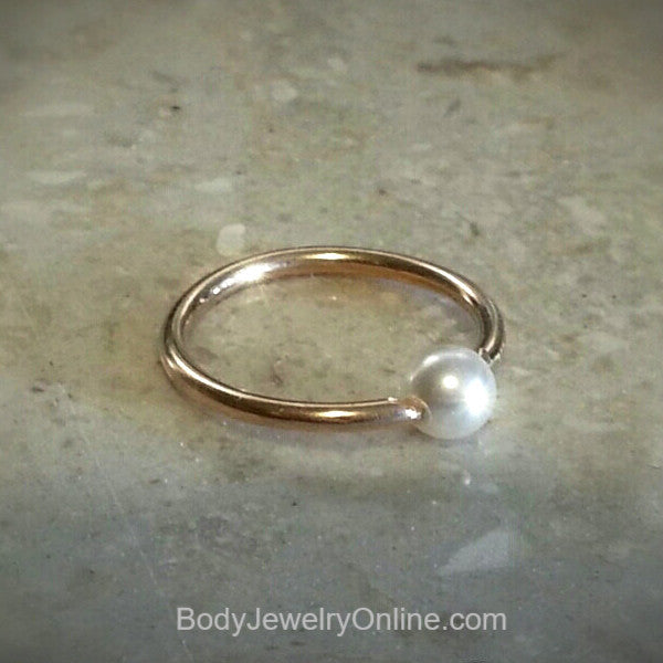 4mm Freshwater Pearl Captive Bead Ring - 14ga Hoop - 14k Gold (Y, W, or R), Sterling Silver, or Platinum