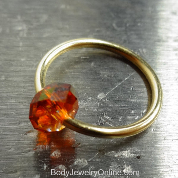 Captive Bead Ring made with AMBER Swarovski Crystal - 16 ga Hoop - 14k Gold (Y, W, or R), Sterling Silver, or Platinum