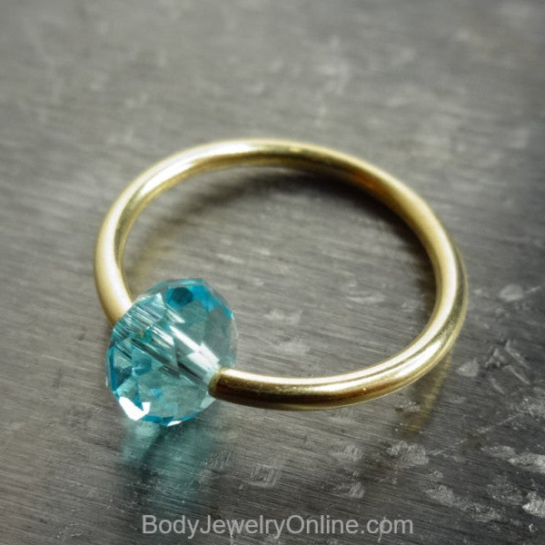 Captive Bead Ring made with BLUE TOPAZ Swarovski Crystal - 16 ga Hoop - 14k Gold (Y, W, or R), Sterling Silver, or Platinum