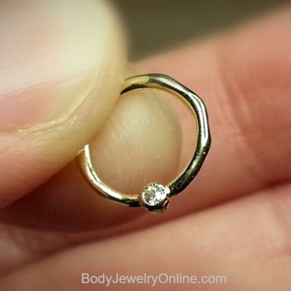 DIAMOND Septum Nose Ring Hoop 18 gauge - 14k SOLID Gold - Organic Shape 14k Yellow Gold Earring Helix Tragus Septum Cartilage 18 ga Sparkle