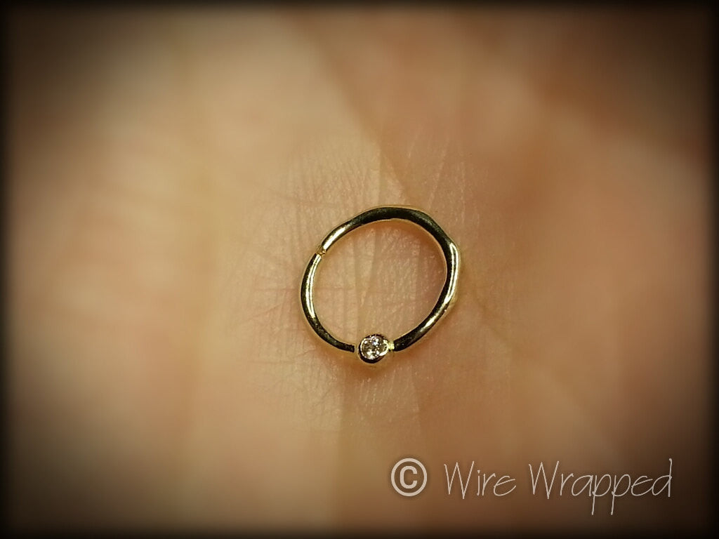 DIAMOND Septum Nose Ring Hoop 18 gauge - 14k SOLID Gold - Organic Shape 14k Yellow Gold Earring Helix Tragus Septum Cartilage 18 ga Sparkle