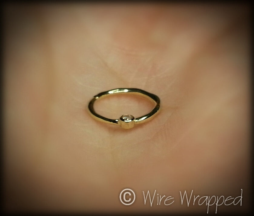 DIAMOND Septum Nose Ring Hoop 18 gauge - 14k SOLID Gold - Organic Shape 14k Yellow Gold Earring Helix Tragus Septum Cartilage 18 ga Sparkle