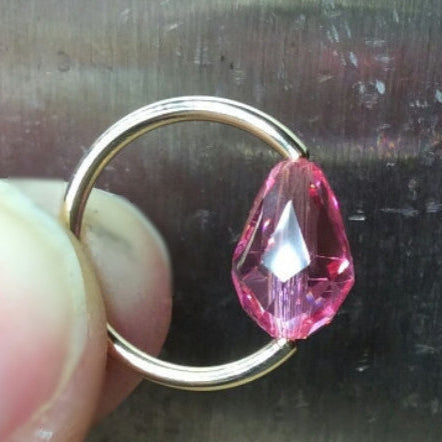 Captive Bead Navel Belly Ring Hoop made with PINK Swarovski Drop Crystal - 16 ga Hoop - 14k Gold (Y, W, or R), Sterling Silver, or Platinum