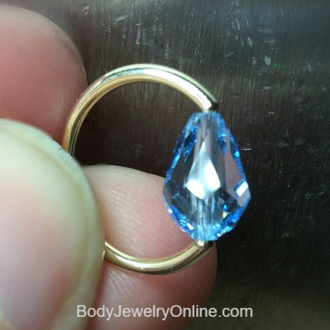 Captive Bead Ring made with Lt BLUE Swarovski Drop Crystal - 14 ga Hoop - 14k Gold (Y, W, or R), Sterling Silver, or Platinum