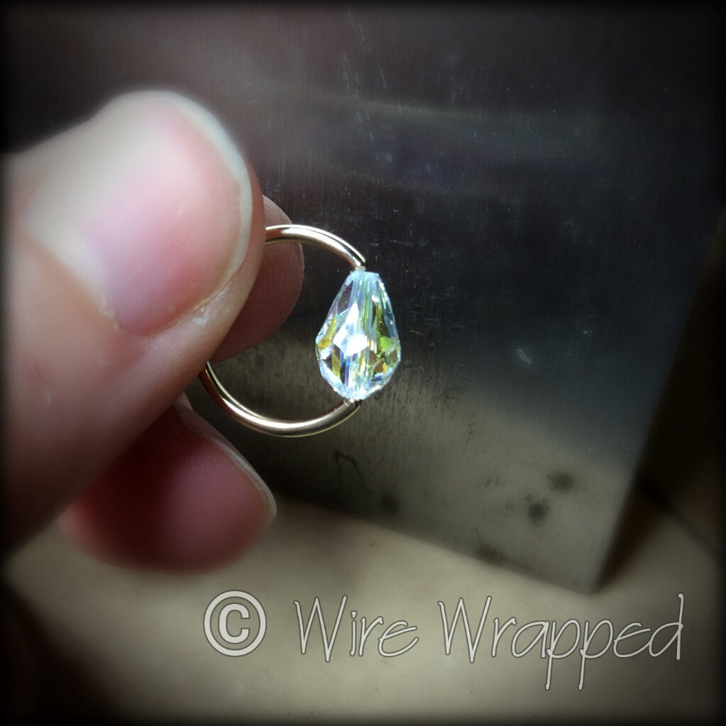 Captive Bead Ring made with AB Clear Swarovski Drop Crystal - 14 ga Hoop - 14k Gold (Y, W, or R), Sterling Silver, or Platinum
