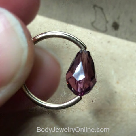 Captive Bead Ring w/ Swarovoski PURPLE Drop Crystal - 16 ga Hoop - 14k Gold (Y, W, or R), Sterling Silver, or Platinum