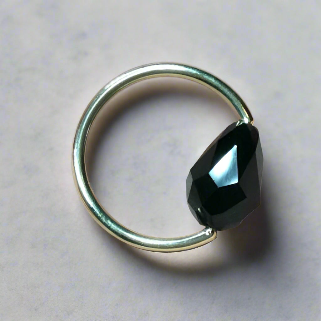 Captive Bead Ring made with BLACK Swarovski Drop Crystal - 14 ga Hoop - 14k Gold (Y, W, or R), Sterling Silver, or Platinum