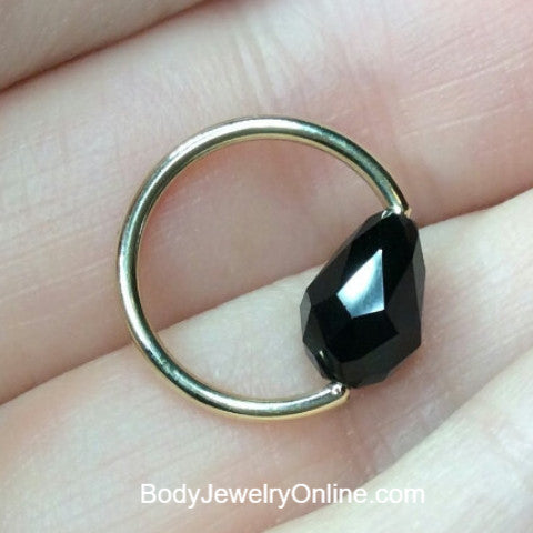 Captive Bead Ring made with BLACK Swarovski Drop Crystal - 16 ga Hoop - 14k Gold (Y, W, or R), Sterling Silver, or Platinum