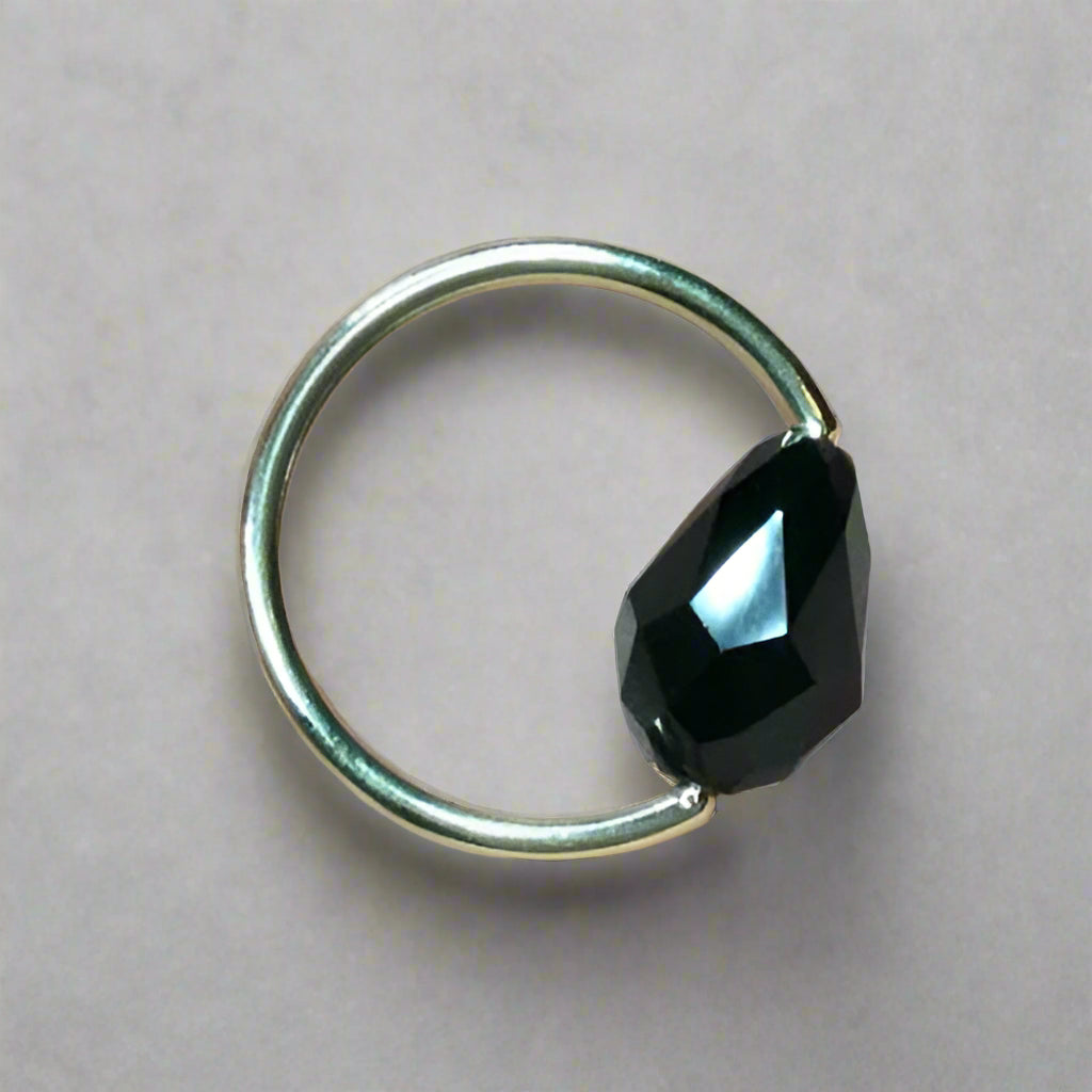 Captive Bead Ring made with BLACK Swarovski Drop Crystal - 16 ga Hoop - 14k Gold (Y, W, or R), Sterling Silver, or Platinum