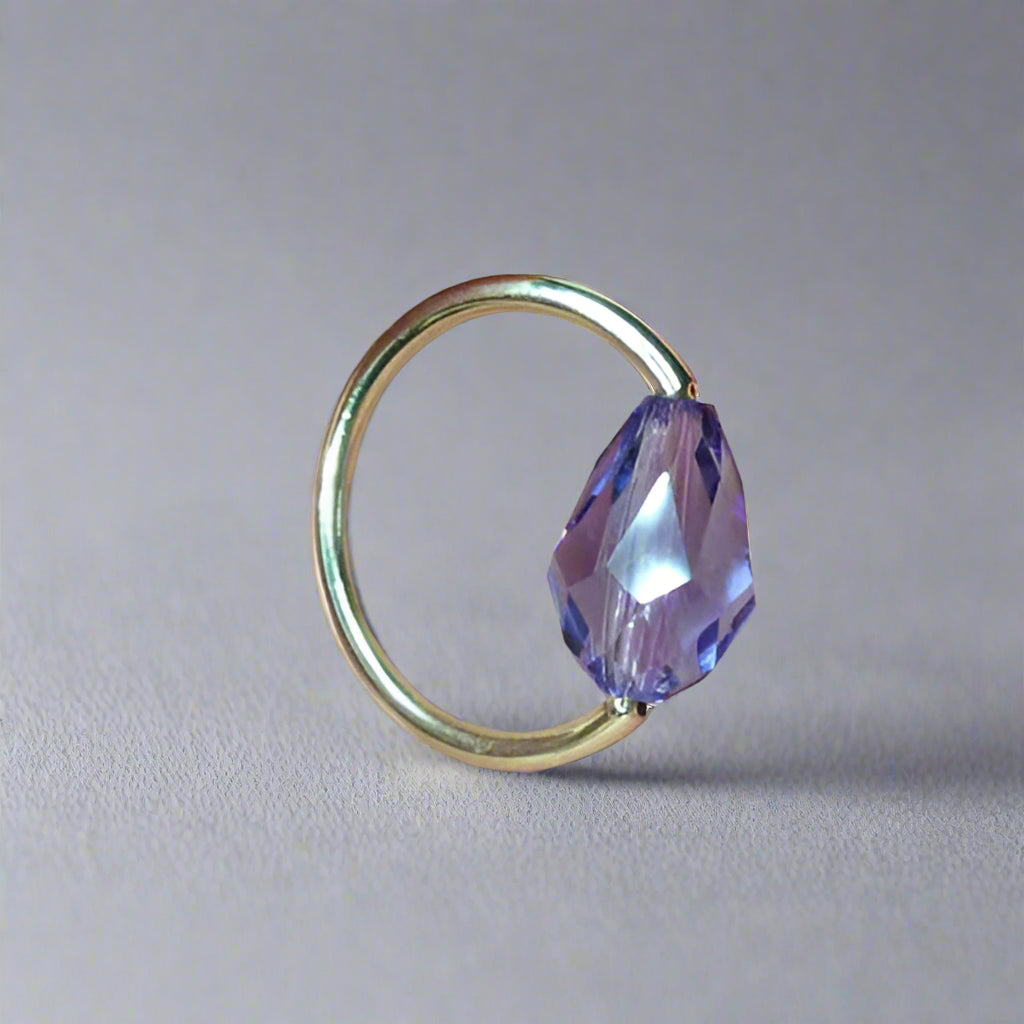 Captive Bead Ring made with LAVENDER Swarovski Drop Crystal - 14 ga Hoop - 14k Gold (Y, W, or R), Sterling Silver, or Platinum