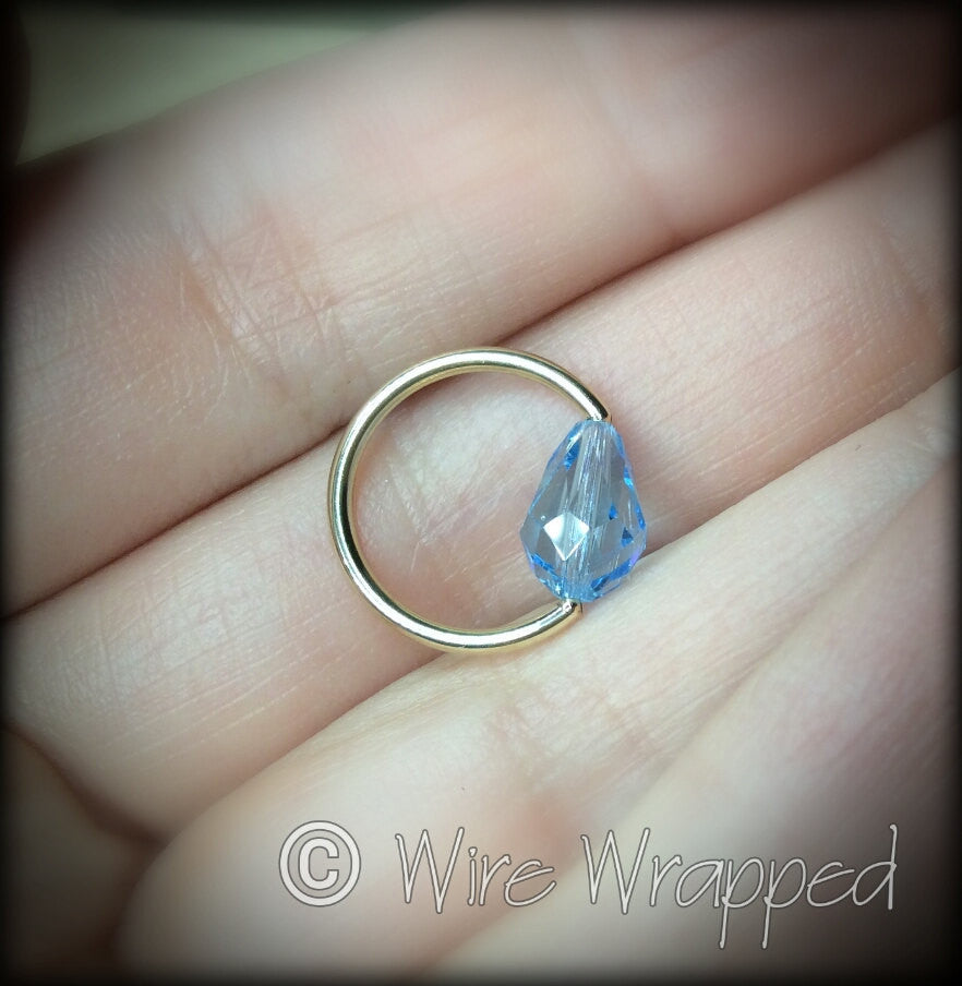 Captive Bead Ring made with Lt BLUE Swarovski Drop Crystal - 16 ga Hoop - 14k Gold (Y, W, or R), Sterling Silver, or Platinum
