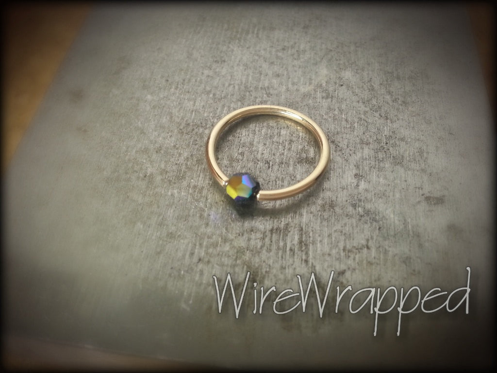 Captive Bead Ring w/ Swarovski Crystal 4mm IRIDESCENT Black COLORFUL - 16 ga Hoop - 14k Gold (Y, W, or R), Sterling Silver, or Platinum