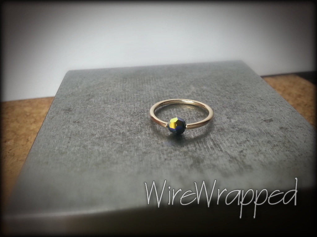 Captive Bead Ring w/ Swarovski Crystal 4mm IRIDESCENT Black COLORFUL - 14 ga Hoop - 14k Gold (Y, W, or R), Sterling Silver, or Platinum