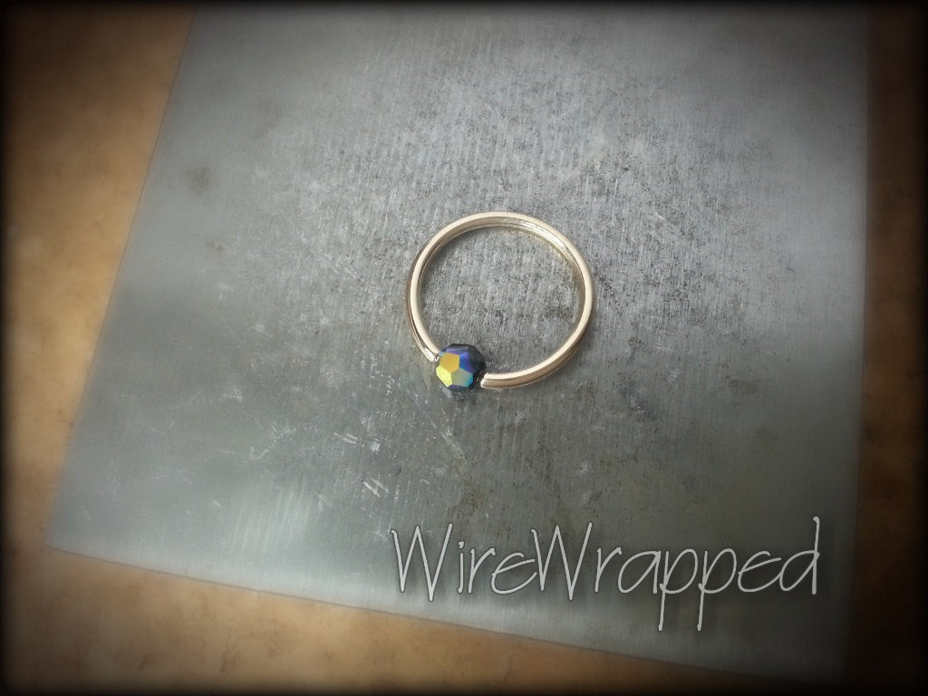 Captive Bead Ring w/ Swarovski Crystal 4mm IRIDESCENT Black COLORFUL - 14 ga Hoop - 14k Gold (Y, W, or R), Sterling Silver, or Platinum