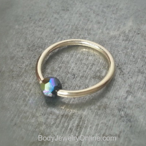 Captive Bead Ring w/ Swarovski Crystal 4mm IRIDESCENT Black COLORFUL - 14 ga Hoop - 14k Gold (Y, W, or R), Sterling Silver, or Platinum
