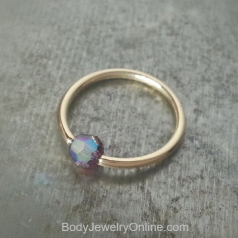 Captive Bead Ring w/ Swarovski Crystal 4mm IRIDESCENT Purple LAVENDER - 14 ga Hoop - 14k Gold (Y, W, or R), Sterling Silver, or Platinum