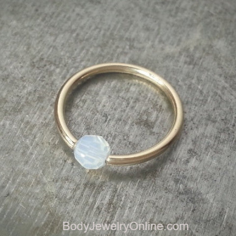 Captive Bead Ring w/ WHITE OPAL 4mm Swarovski Crystal - 16 ga Hoop - 14k Gold (Y, W, or R), Sterling Silver, or Platinum