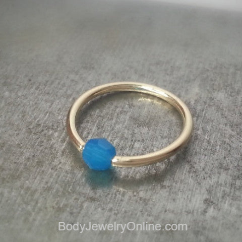 Captive Bead Ring w/ Swarovski Crystal 4mm Ocean BLUE OPAL - 14 ga Hoop - 14k Gold (Y, W, or R), Sterling Silver, or Platinum