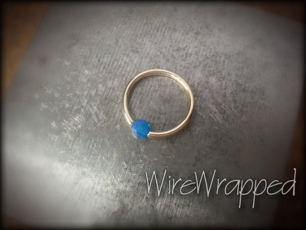 Captive Bead Ring w/ Swarovski Crystal 4mm Ocean BLUE OPAL - 16 ga Hoop - 14k Gold (Y, W, or R), Sterling Silver, or Platinum
