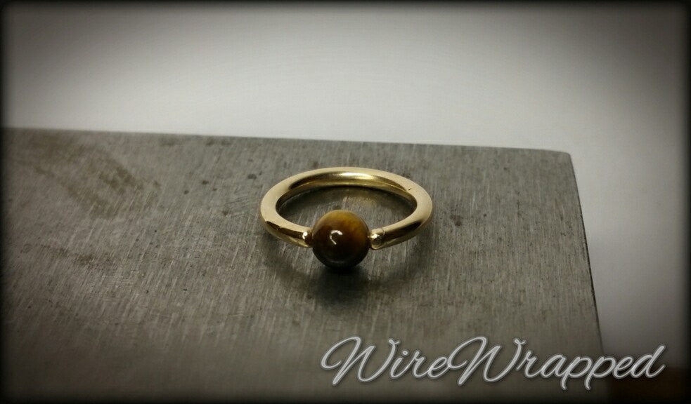 Tiger's Eye Captive Bead Ring - 14 ga Hoop - 14k Gold (Y, W, or R), Sterling Silver, or Platinum