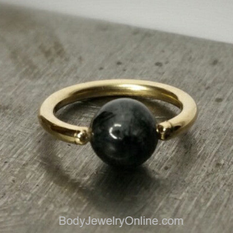 Quartz / Tourmaline Dark Captive Bead Ring - 16 ga Hoop - 14k Gold (Y, W, or R), Sterling Silver, or Platinum