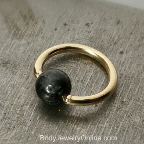 Quartz / Tourmaline Dark Captive Bead Ring - 16 ga Hoop - 14k Gold (Y, W, or R), Sterling Silver, or Platinum