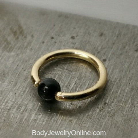 Onyx Smooth Captive Bead Ring - 16 ga Hoop - 14k Gold (Y, W, or R), Sterling Silver, or Platinum