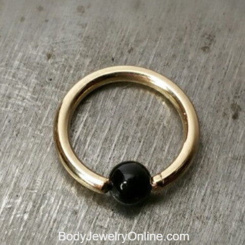 Onyx Smooth Captive Bead Ring - 14 ga Hoop - 14k Gold (Y, W, or R), Sterling Silver, or Platinum