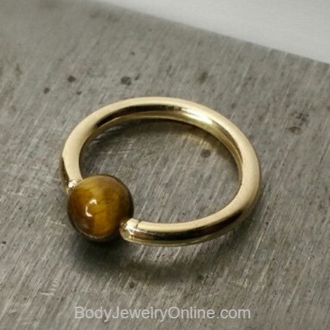 Tiger's Eye Captive Bead Ring - 14 ga Hoop - 14k Gold (Y, W, or R), Sterling Silver, or Platinum