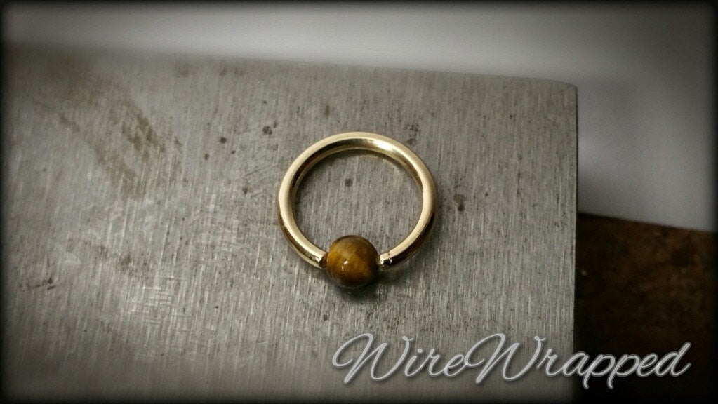Tiger's Eye Captive Bead Ring - 12 ga Hoop - 14k Gold (Y, W, or R), Sterling Silver, or Platinum