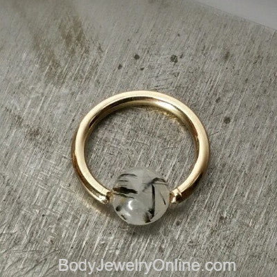 Quartz / Tourmaline Light Captive Bead Ring - 14 ga Hoop - 14k Gold (Y, W, or R), Sterling Silver, or Platinum