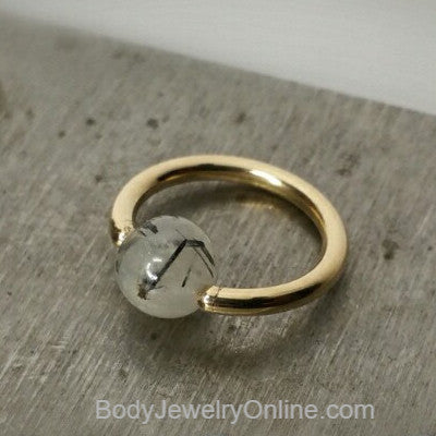 Quartz / Tourmaline Light Captive Bead Ring - 14 ga Hoop - 14k Gold (Y, W, or R), Sterling Silver, or Platinum
