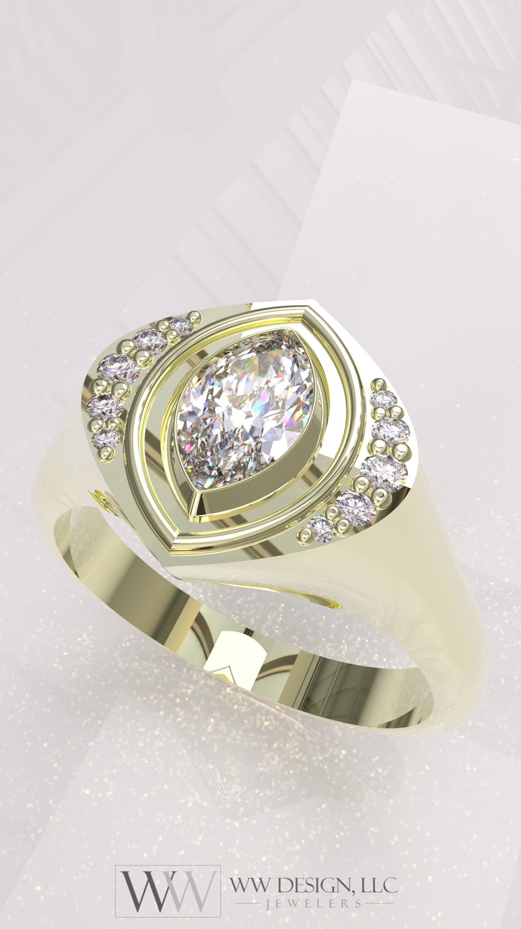 0.29 ctw Exotic Unique Marquise Diamond Signet Ring - 14k, 18k (Yellow, White, Rose), Platinum