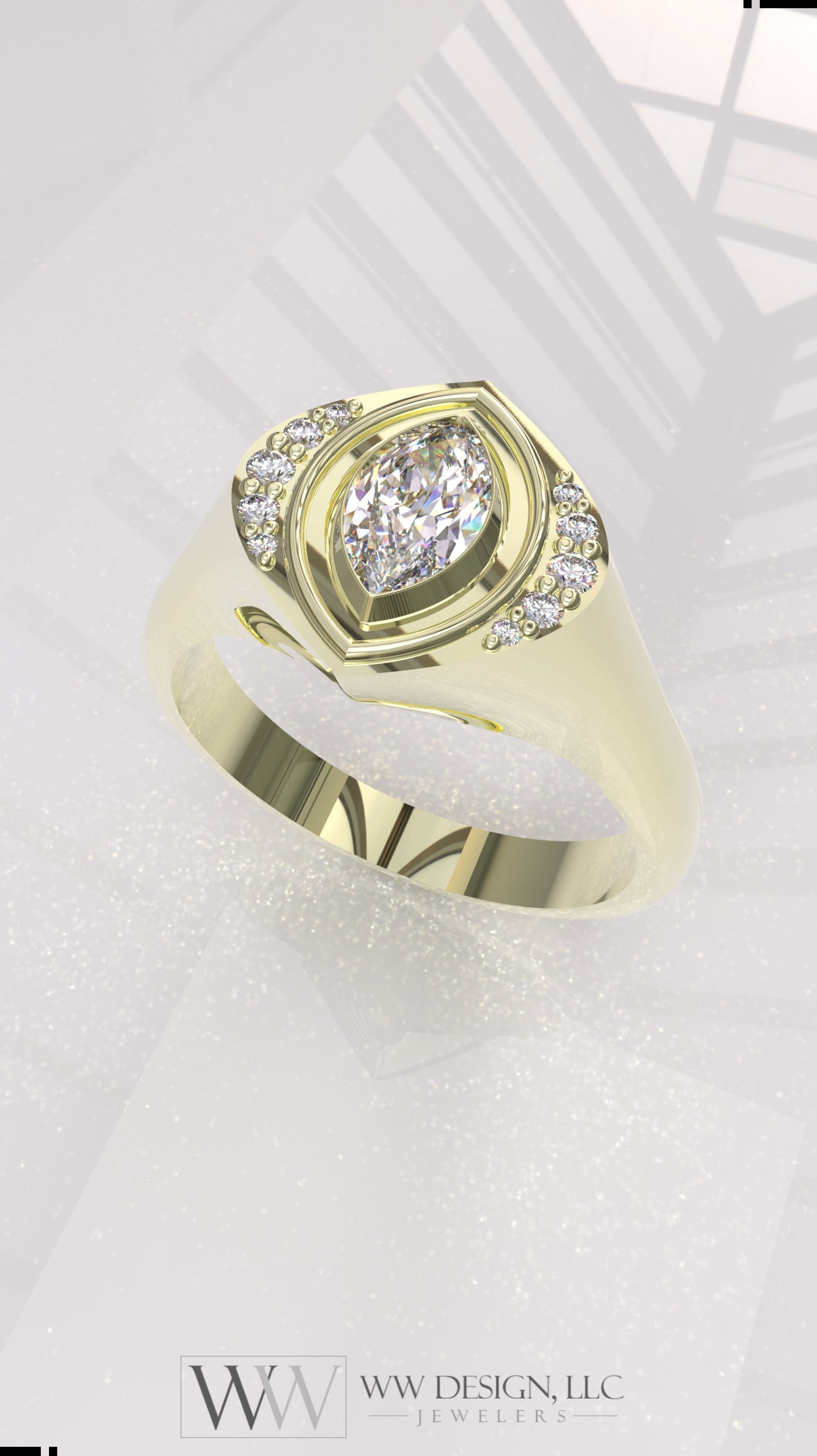 0.29 ctw Exotic Unique Marquise Diamond Signet Ring - 14k, 18k (Yellow, White, Rose), Platinum