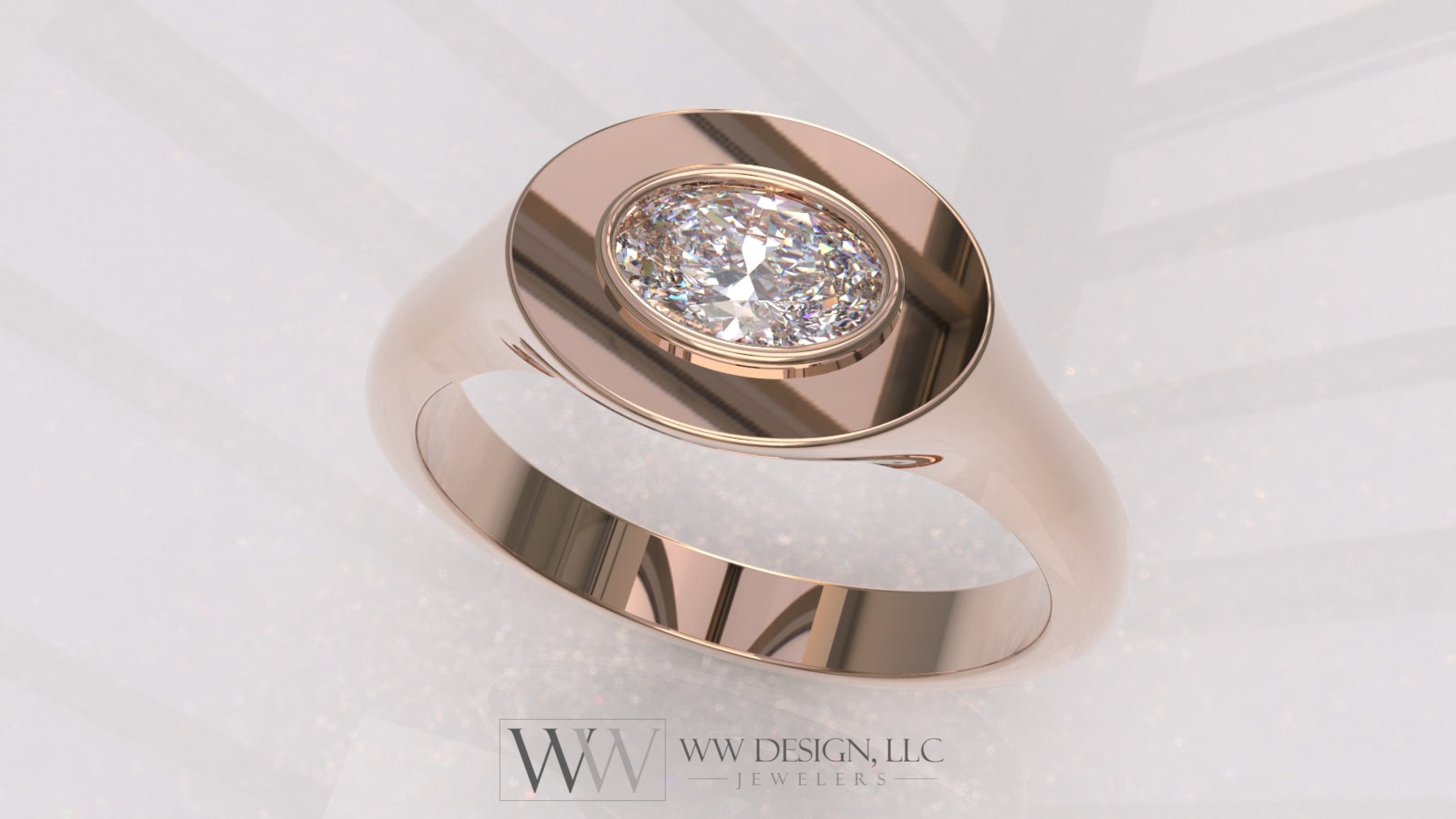 0.33 Ctw East-West Sideways Oval Signet Diamond Ring - 14K 18K (Yellow White Rose) Platinum Rose