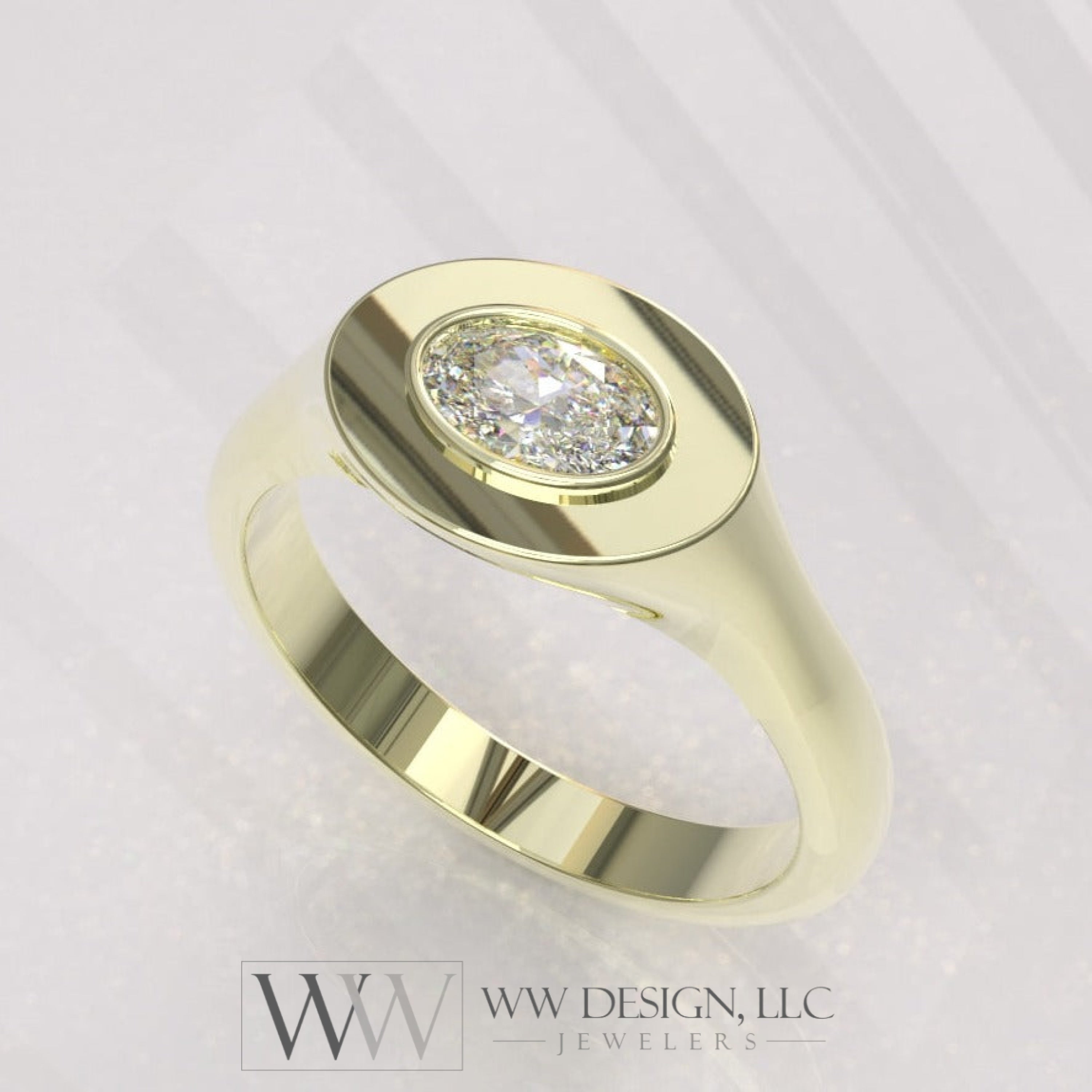 0.33 Ctw East-West Sideways Oval Signet Diamond Ring - 14K 18K (Yellow White Rose) Platinum Yellow