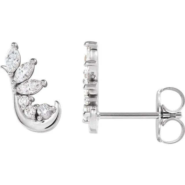 1/4 CTW Natural Diamond Earring Dewdrop Floral Leaf Arc Ear Climbers - 14k Gold (Y, W or R), Sterling Silver or Platinum