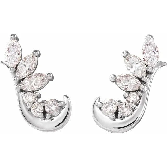 1/4 CTW Natural Diamond Earring Dewdrop Floral Leaf Arc Ear Climbers - 14k Gold (Y, W or R), Sterling Silver or Platinum
