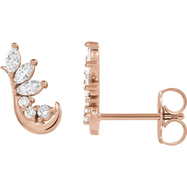 1/4 CTW Natural Diamond Earring Dewdrop Floral Leaf Arc Ear Climbers - 14k Gold (Y, W or R), Sterling Silver or Platinum