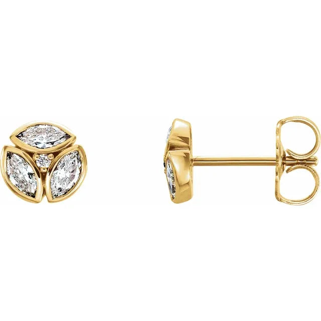 1/2 CTW Flower Bud Marquise Bloom Natural Diamond Cluster Earrings - 14k Gold (Y, W or R), Sterling Silver or Platinum