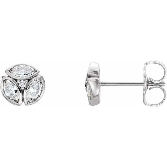 1/2 CTW Flower Bud Marquise Bloom Natural Diamond Cluster Earrings - 14k Gold (Y, W or R), Sterling Silver or Platinum