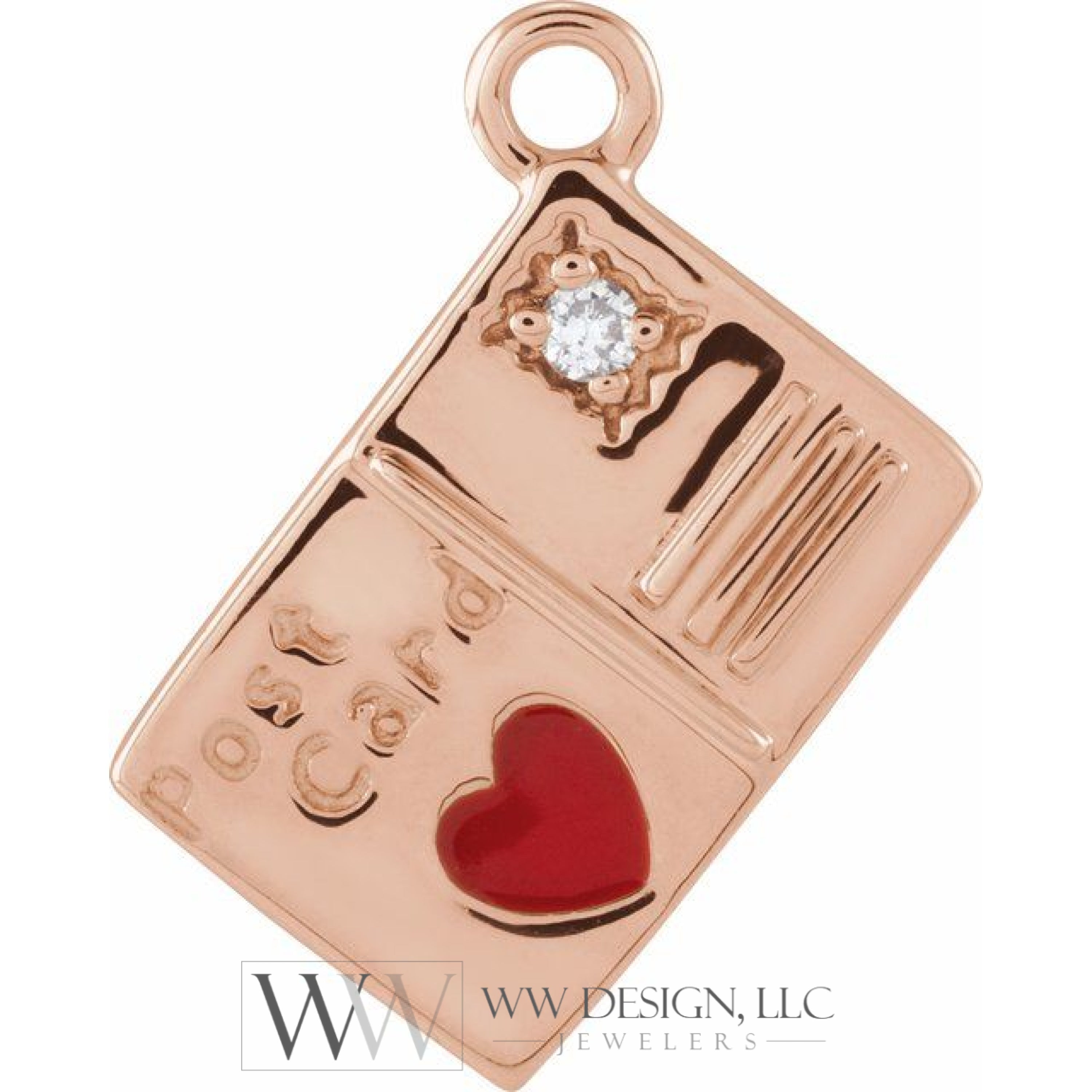 .008 CT Natural Diamond Red Heart Enamel Postcard Dangle - 14k Gold (Y, W, R)